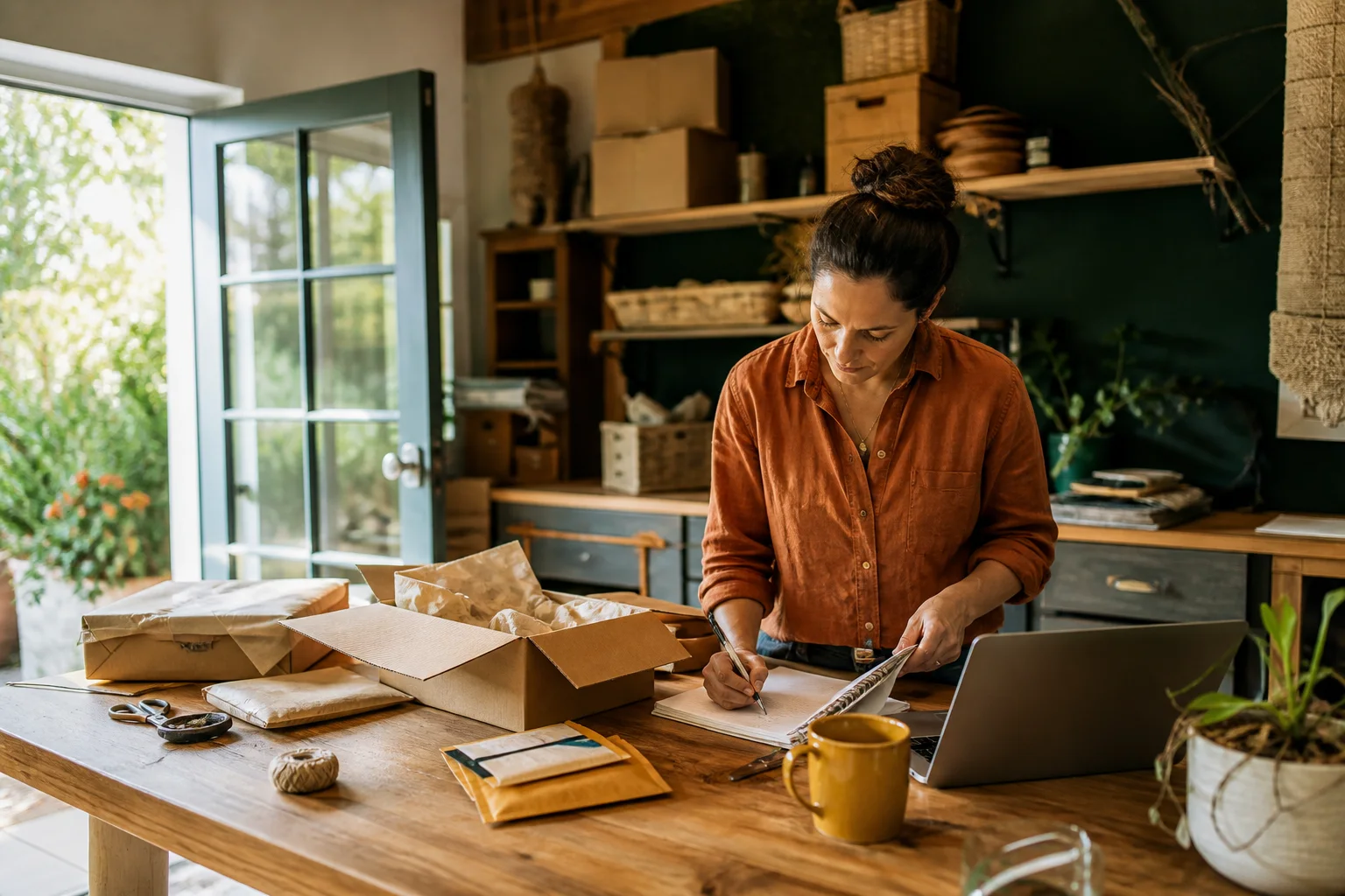 A small-business owner packing orders and checking an inventory notebook in a sunlit studio.