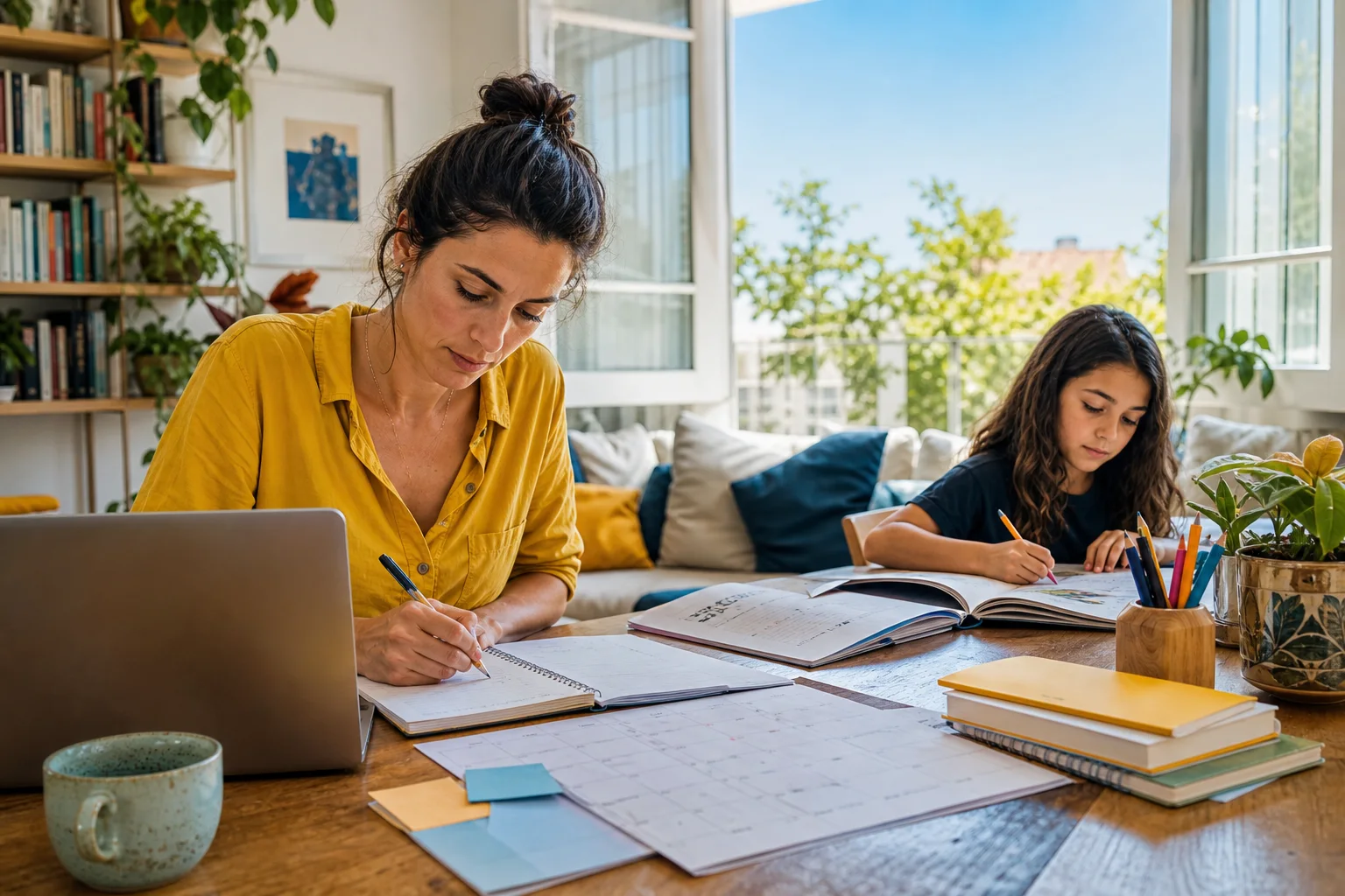 A parent planning work while a school-age child creates independently nearby.