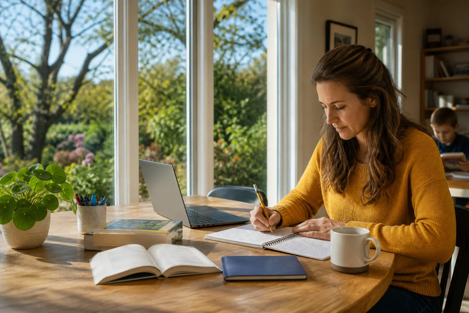 A capable parent writing at a sunlit table beside open windows while a child reads independently nearby.
